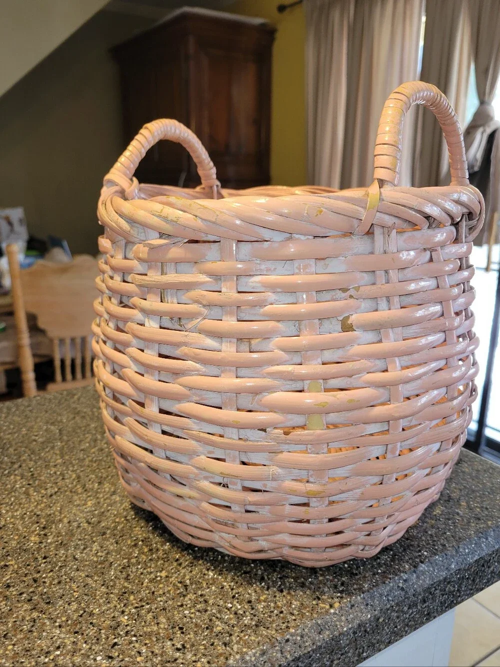 Vintage 90s Pink Wicker Basket Round Storage Boho Cottagecore Decor